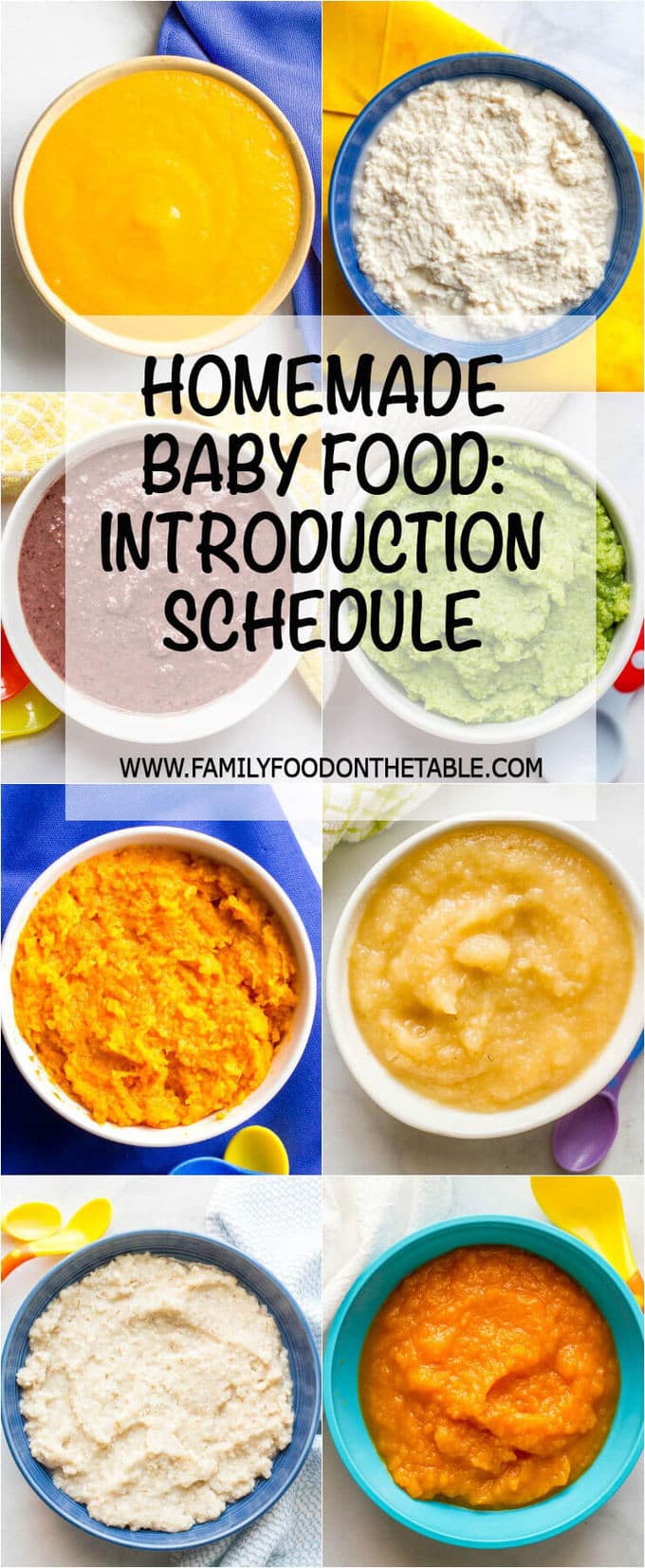 A collage of 8 colorful homemade baby foods with a text overlay on the images.