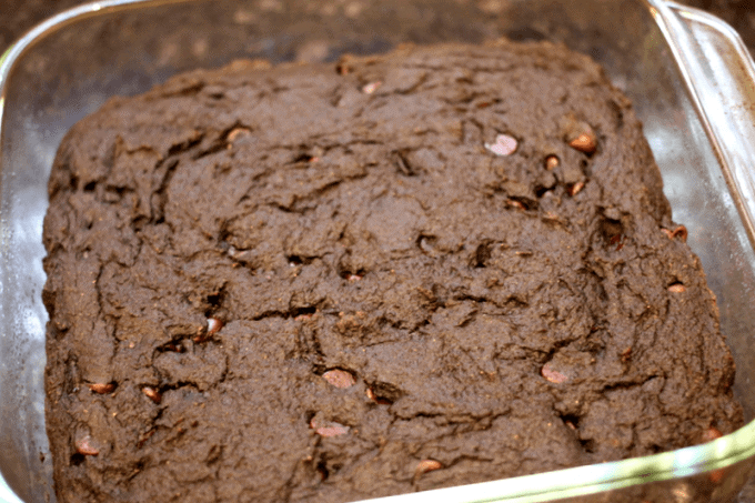 A baked pumpkin chocolate cake with chocolate chips in a glass baking dish.