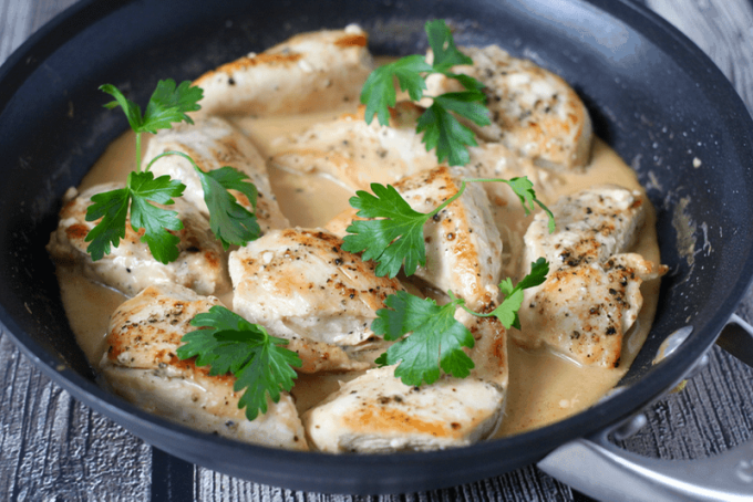 Cooked pieces of chicken breast in a large skillet with a creamy sauce and fresh parsley on top