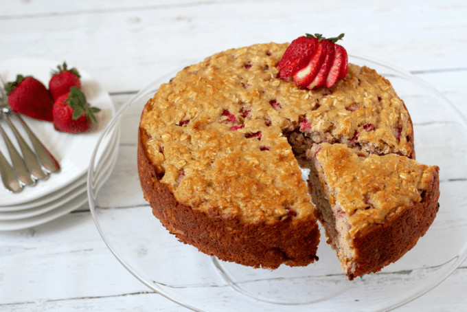 Strawberry yogurt cake is a luscious but lightened up spring and summer dessert with no butter or oil! | www.familyfoodonthetable.com 