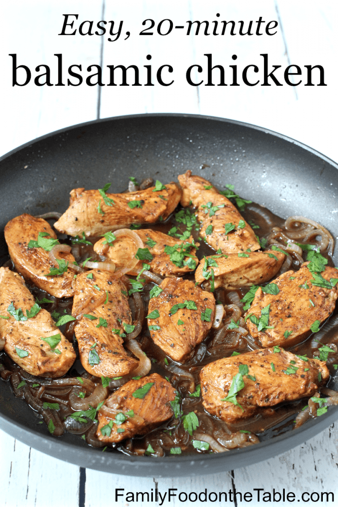 This easy balsamic chicken is a 20-minute weeknight dinner with just 4 simple ingredients but great flavor! Serve with rice, quinoa or couscous to soak up the yummy juices! #easyrecipe #chickendinner #chickenrecipes