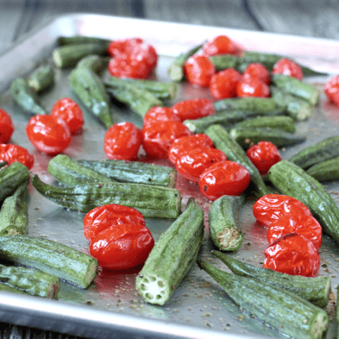 Whole roasted okra and tomatoes | FamilyFoodontheTable.com