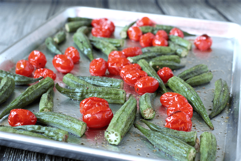 Whole roasted okra and tomatoes | FamilyFoodontheTable.com