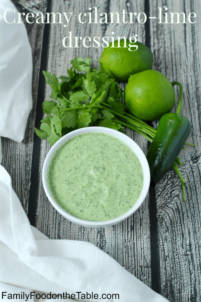 This creamy cilantro lime dressing takes just minutes to make in a blender and has a bright, fresh taste that's great for salads, grain bowls and grilled chicken and meat. #cilantrolimedressing #cilantrodressing #homemadedressing | www.familyfoodonthetable.com