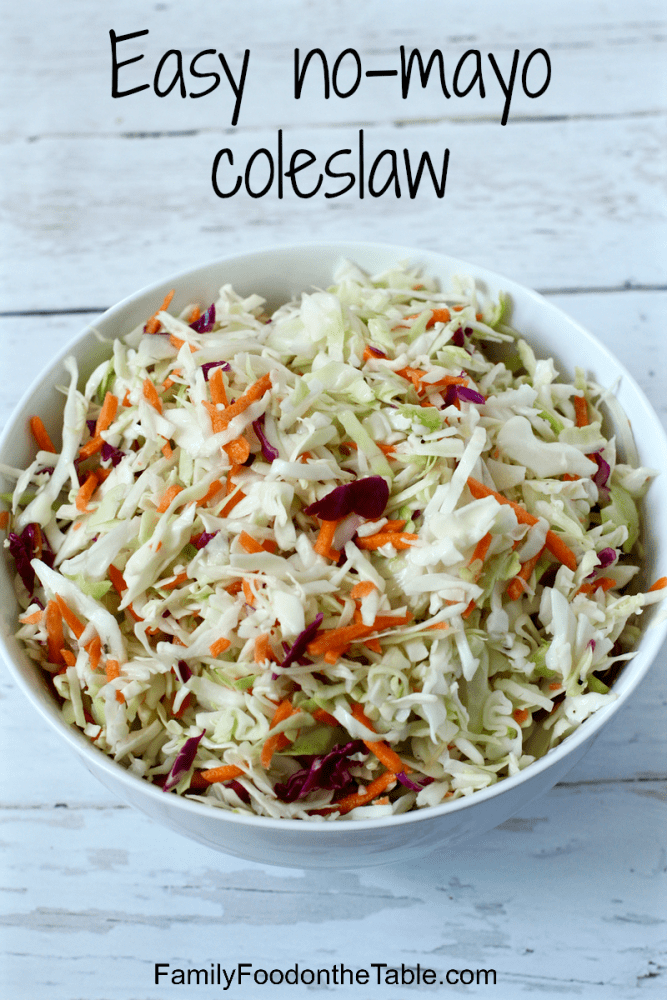 This 3-ingredient, easy no mayo coleslaw is great on pulled pork or BBQ chicken sandwiches, in tacos or as a side dish when grilling out! It hits the spot for a healthier, lightened up coleslaw!