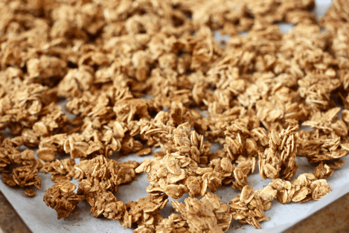 Close up of 5-ingredient homemade granola on a baking sheet