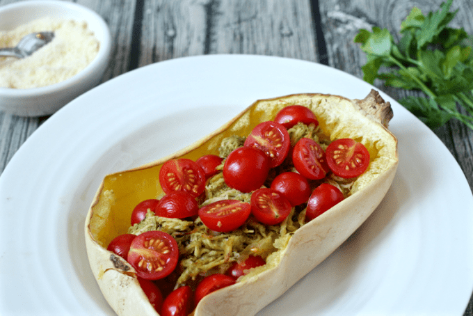 Spaghetti squash with pesto chicken and tomatoes - an easy, 4-ingredient dinner | FamilyFoodontheTable.com