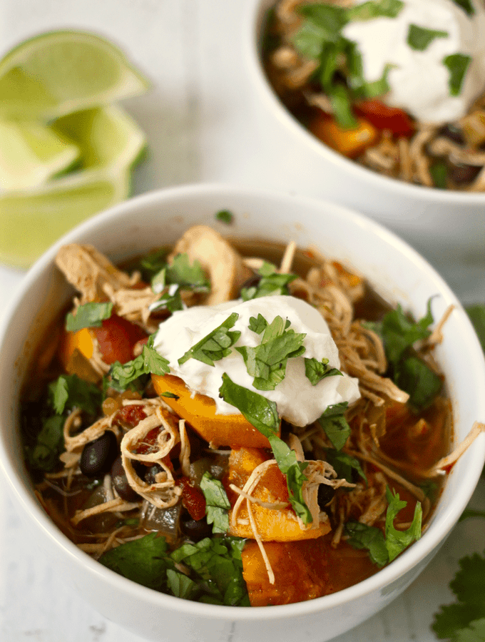 Slow cooker chicken, black bean and roasted poblano soup | FamilyFoodontheTable.com