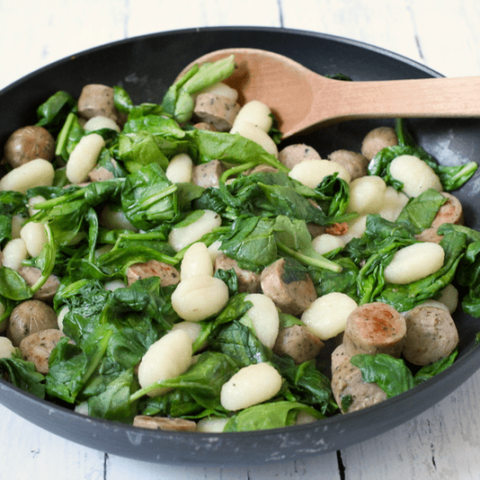 Gnocchi with chicken sausage and spinach - an easy 3-ingredient dinner! | FamilyFoodontheTable.com