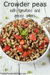A bowl full of crowder peas with chopped tomatoes and sliced green onions and a spoon to the side.
