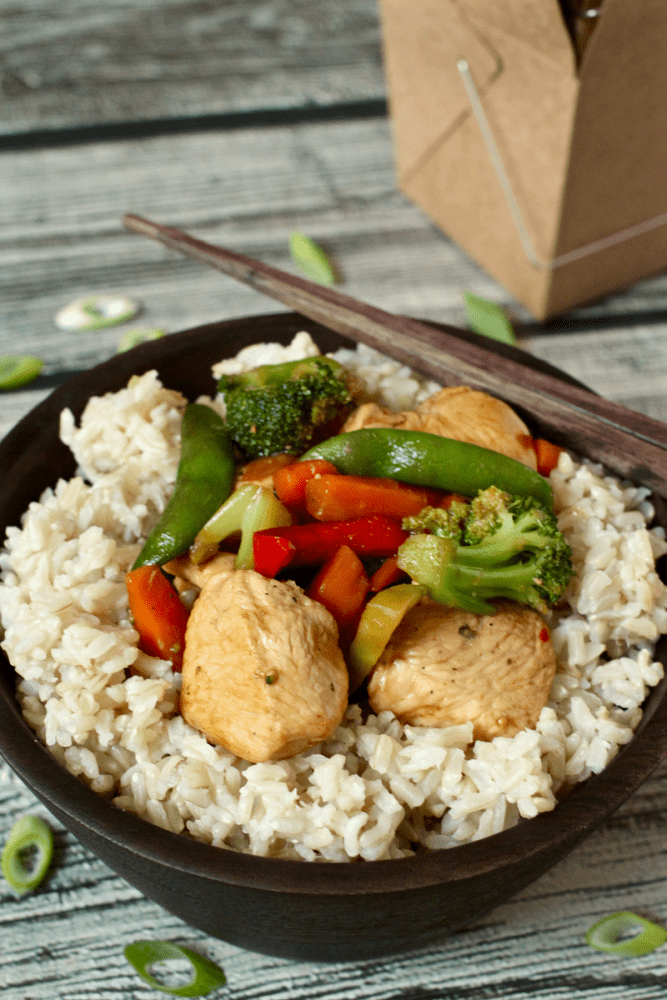 Easy chicken and veggie stir fry over steamed brown rice