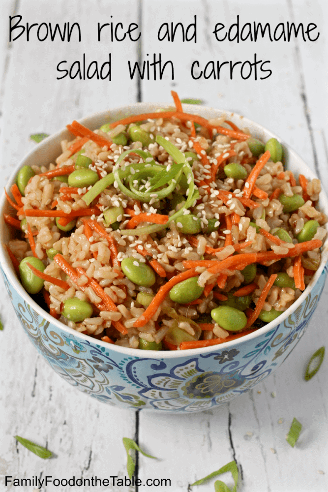 Brown rice edamame salad with carrots and a homemade soy ginger dressing - healthy and delicious! | FamilyFoodontheTable.com