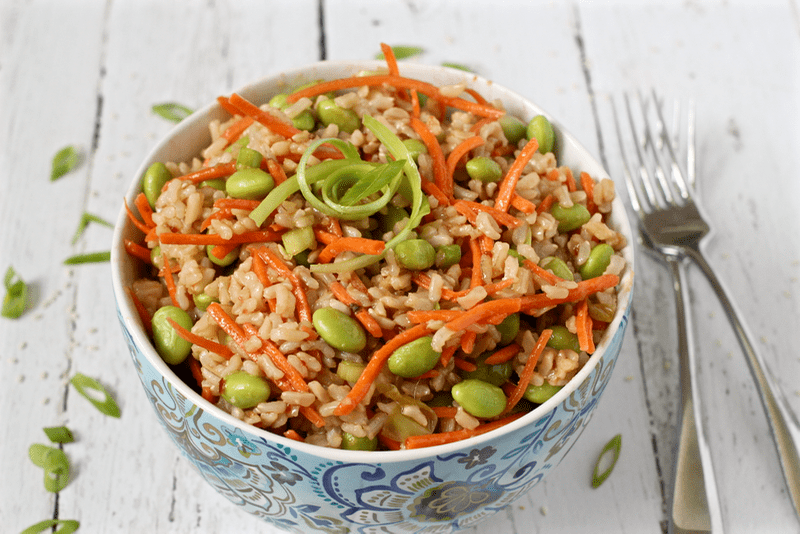 Brown rice edamame salad with carrots and a homemade soy ginger dressing | FamilyFoodontheTable.com