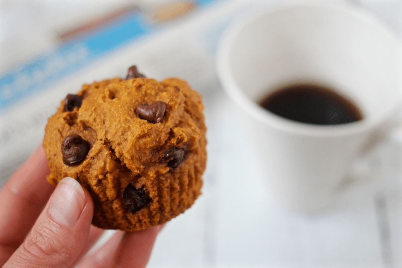 A hand holding up a chocolate chip muffin with a mug of coffee in the background.