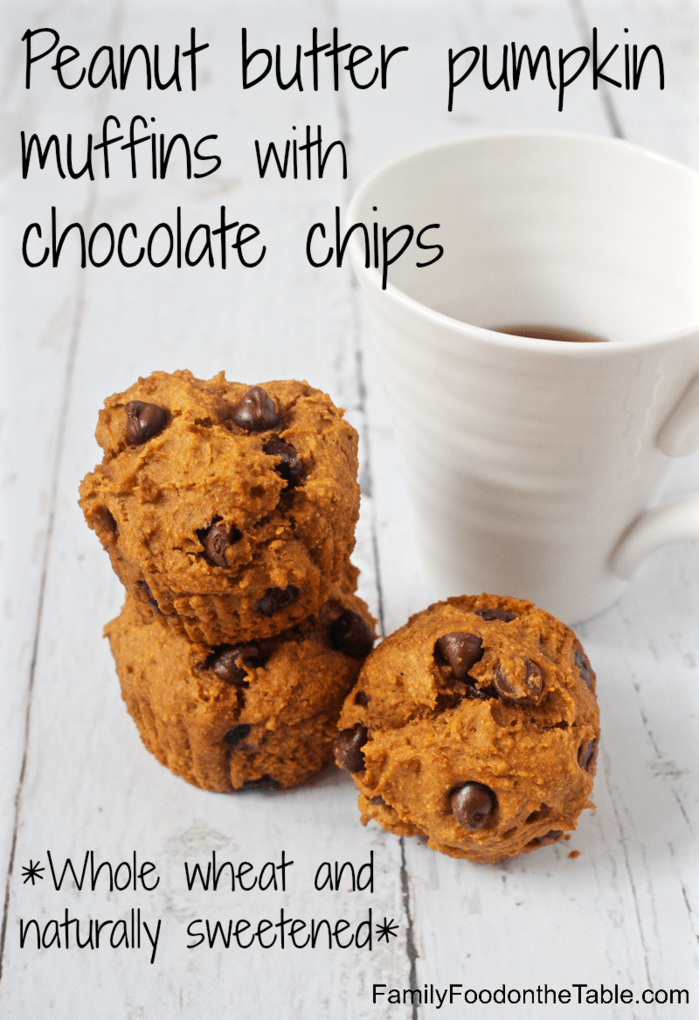 Three chocolate chip peanut butter pumpkin muffins stacked together with a coffee cup to the side.