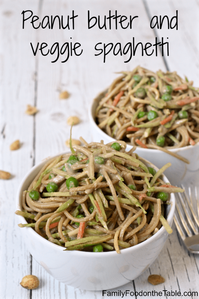 Peanut butter spaghetti with vegetables - a great vegetarian meal for kids and adults (eat warm or cold!) | FamilyFoodontheTable.com