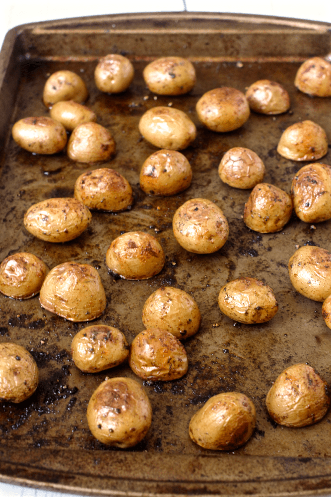 Roasted potatoes on a baking sheet