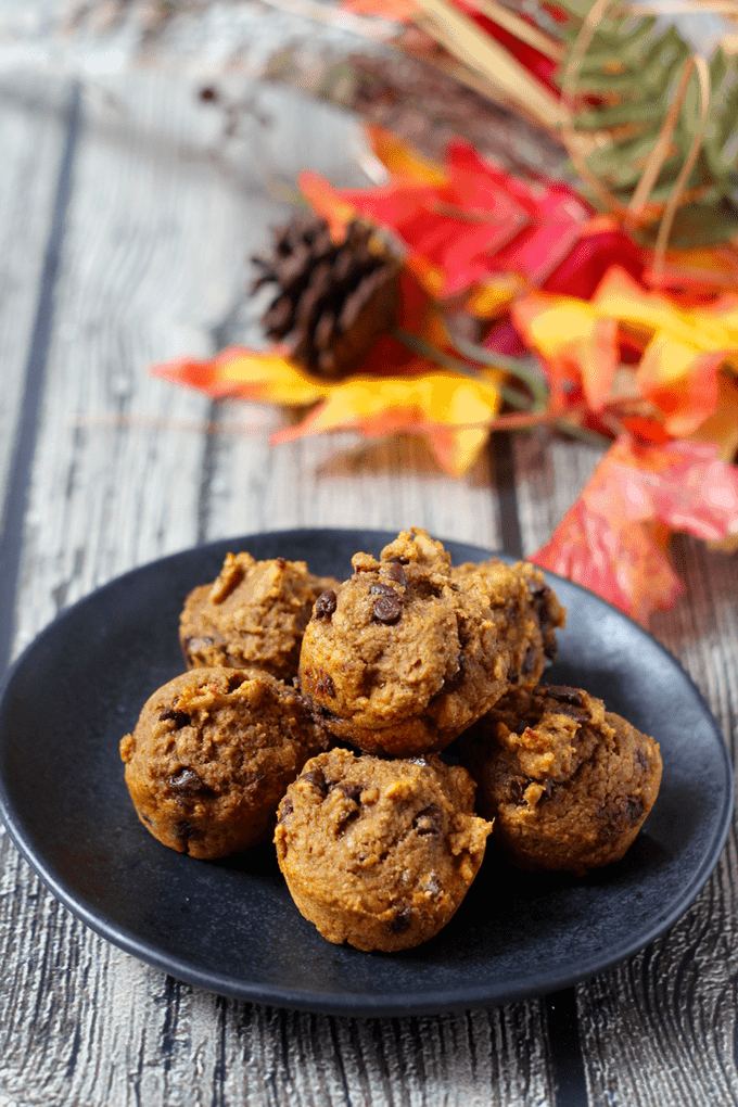 These addictive pumpkin chocolate chip mini muffins are 100% whole wheat and naturally sweetened with no oil or butter needed. They are great for a delicious, healthy snack! #pumpkin #chocolate #muffins #baking