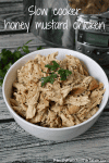 Shredded honey mustard chicken in a white bowl with a slow cooker in the background.