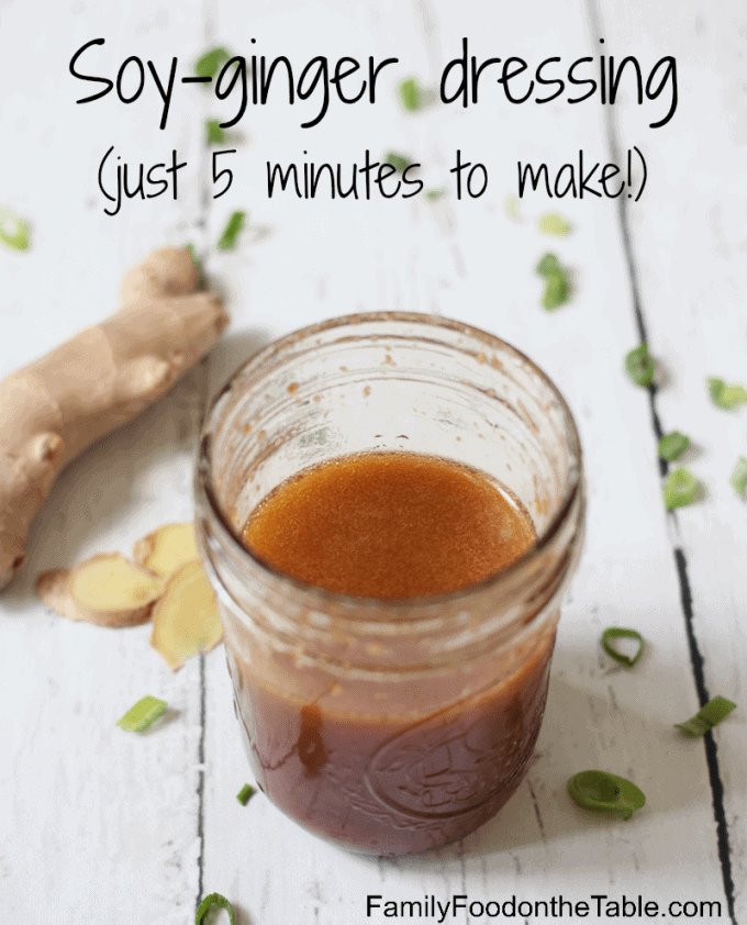 Homemade soy ginger dressing is just 5 ingredients and takes 5 minutes to put together! This delicious, easy recipe goes great with salads, grain bowls and chicken dishes. #gingerdressing #homemadedressing #asiandressing | www.familyfoodonthetable.com