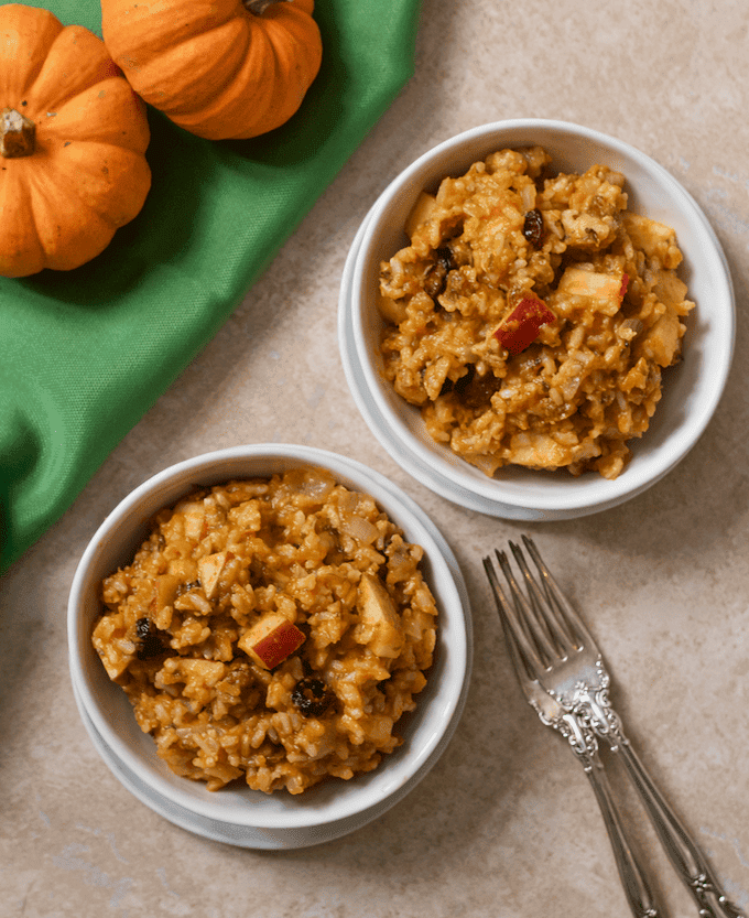 Fall harvest rice salad with pumpkin, apples, raisins and nuts! | FamilyFoodontheTable.com