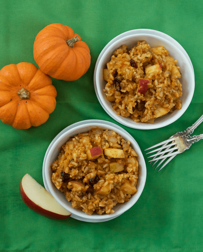 Fall harvest rice salad with pumpkin, apples, raisins and nuts! | FamilyFoodontheTable.com