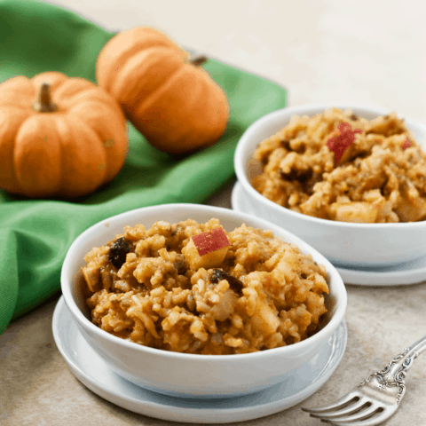 Fall harvest brown rice salad with pumpkin, apples, raisins and nuts! | FamilyFoodontheTable.com