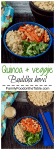 A collage of photos of a vegetarian quinoa Buddha bowl with chickpeas and a block of text in the middle of the collage.