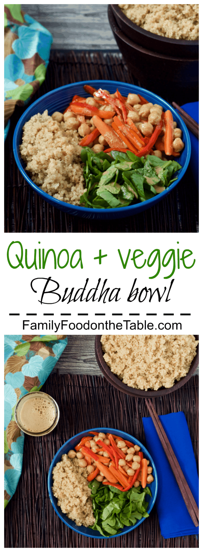 Quinoa veggie Buddha bowl with lemon-tahini dressing - a 15-minute vegetarian meal that's light but filling! | FamilyFoodontheTable.com