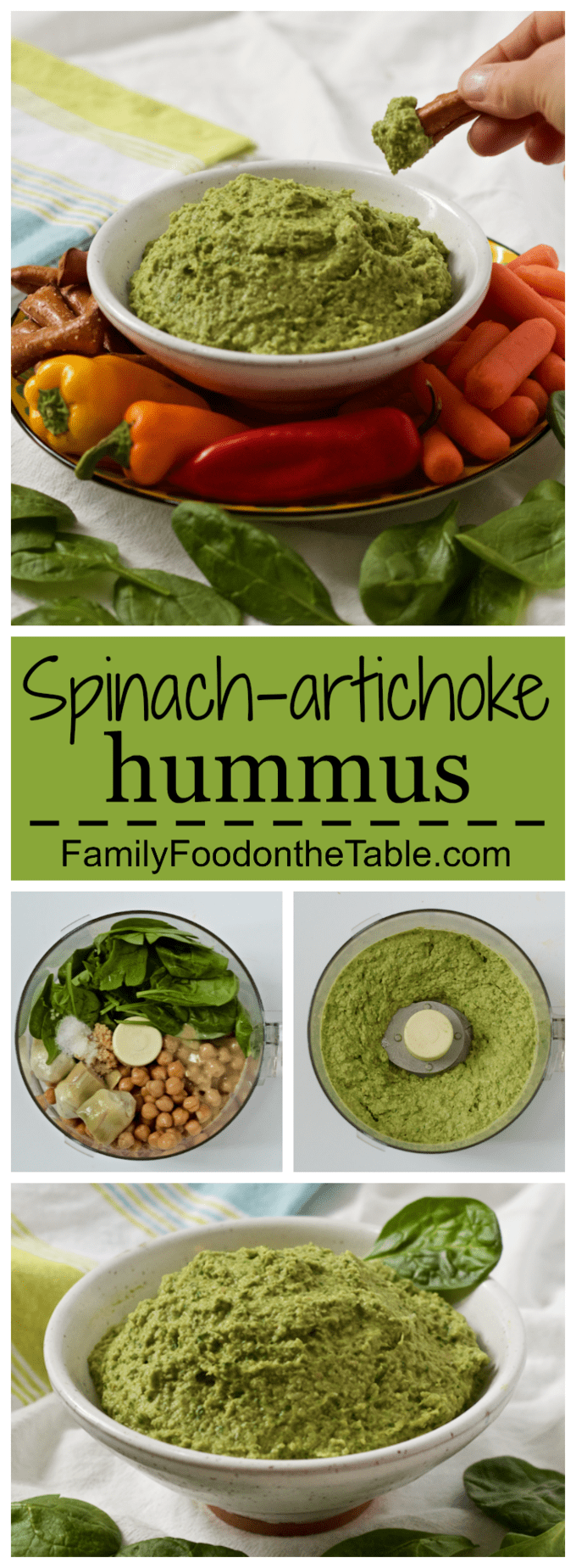 Spinach artichoke hummus collage with a text box in the middle