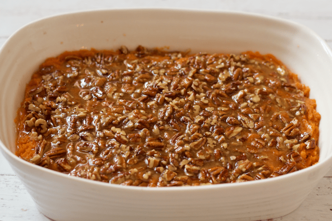 Bourbon sweet potato casserole with buttery pecan topping - ready to bake