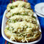 Fast cheesy chicken and broccoli twice-baked potatoes - a shortcut helps get this all-in-one dinner on the table faster! | FamilyFoodontheTable.com