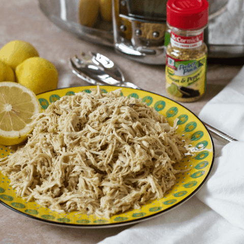 Flavorful, easy, bright lemon-pepper chicken you can make in the slow cooker or on the stove, plus 6 ways to serve it! | FamilyFoodontheTable.com