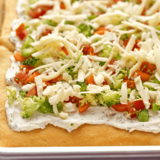 Easy vegetable squares - crescent rolls are spread with a cream cheese mixture, sprinkled with veggies and cheddar and served cold for a great veggie pizza appetizer! | FamilyFoodontheTable.com