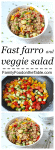 A collage of photos for making a farro salad with veggies with a text block in the middle.
