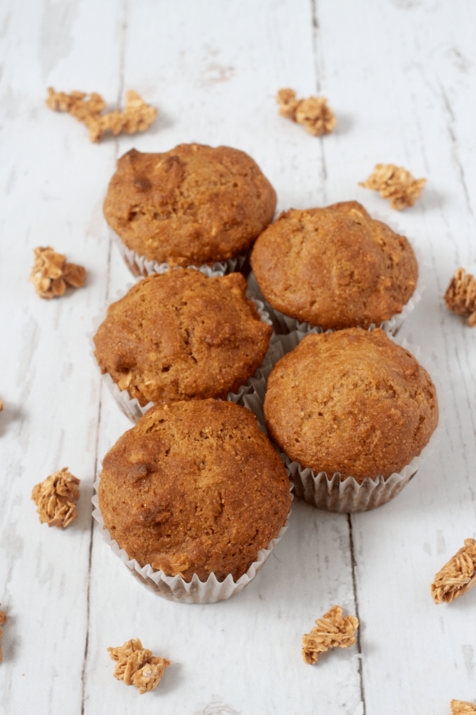 Two rows of granola muffins with granola clusters scattered nearby.