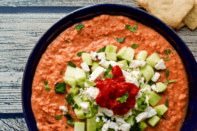 Holiday hummus - roasted red pepper hummus with chopped cucumber and feta cheese | FamilyFoodontheTable.com