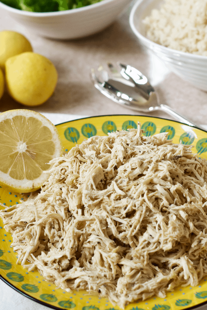 Flavorful, easy, bright lemon-pepper chicken you can make in the slow cooker or on the stove, plus 6 ways to serve it! #chickenrecipes #chickendinner #dinnerideas #crockpot #slowcooker