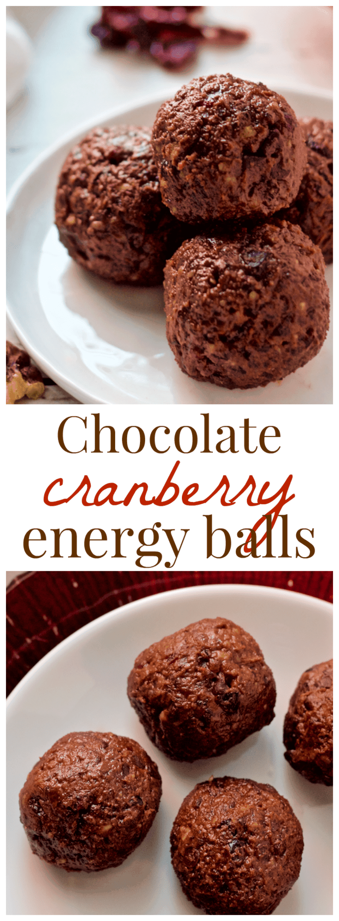 Chocolate cranberry energy balls - just 5 ingredients to make this delicious pick-me-up snack! | FamilyFoodontheTable.com