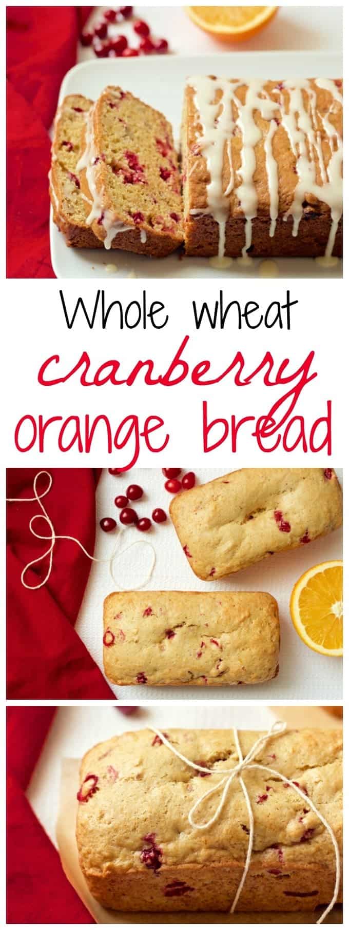 Whole wheat orange cranberry bread (with an optional citrus glaze) can be made as a large loaf or mini loaves - great for gifts or a holiday brunch! | FamilyFoodontheTable.com