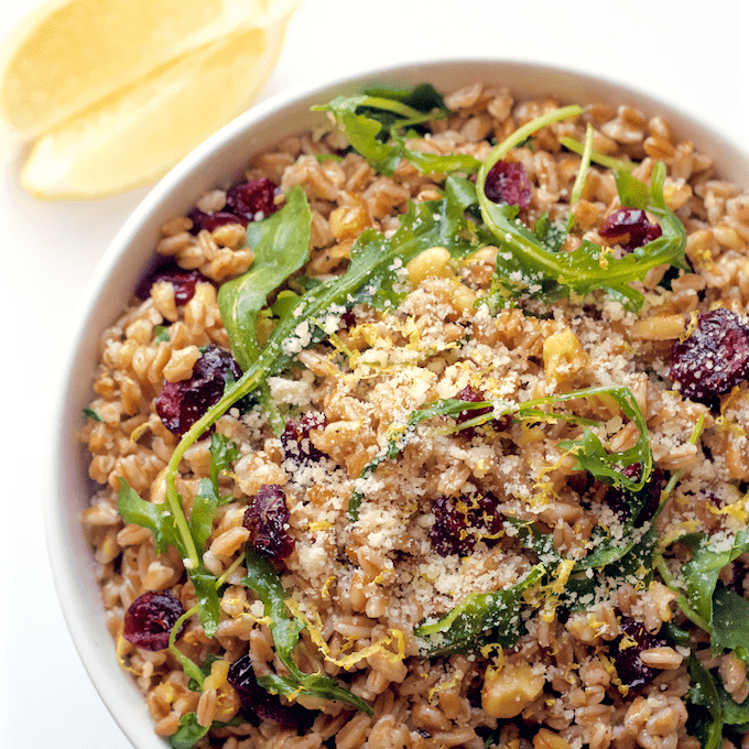 A quick and easy citrus farro and arugula salad with walnuts and dried cranberries | FamilyFoodontheTable.com