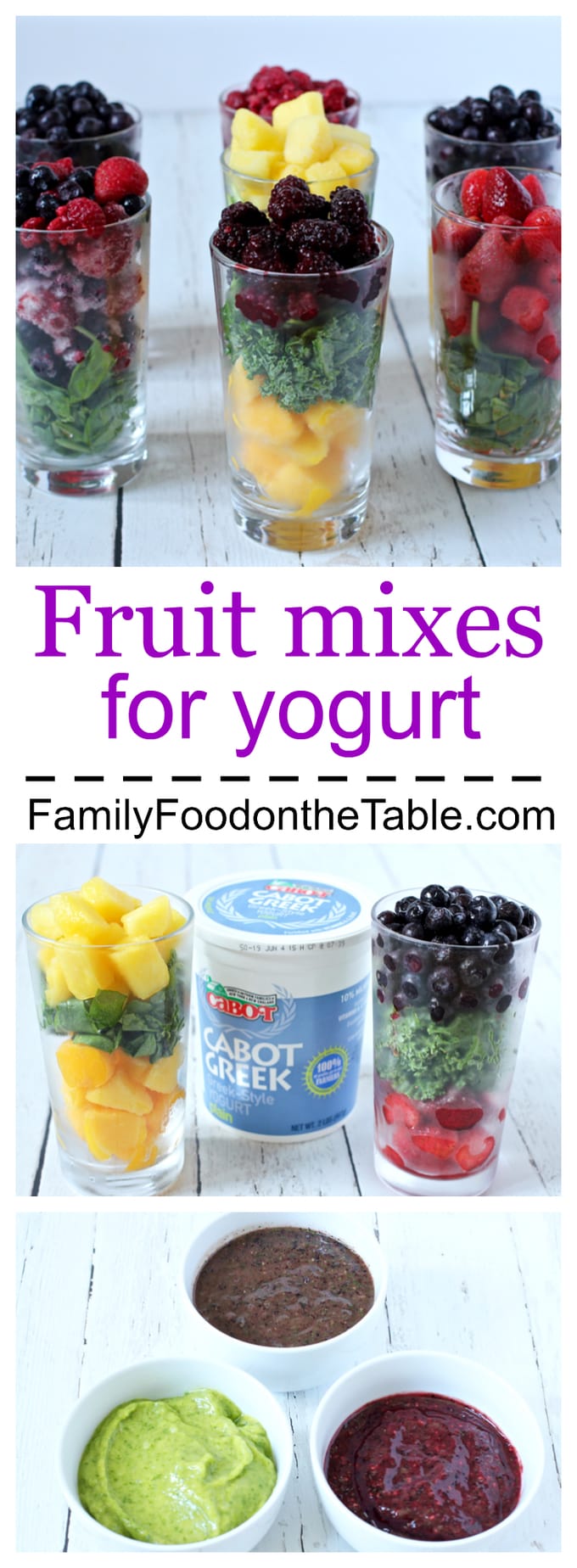 Homemade fruit mixes for yogurt (with kale or spinach) - great for babies and kids! | FamilyFoodontheTable.com