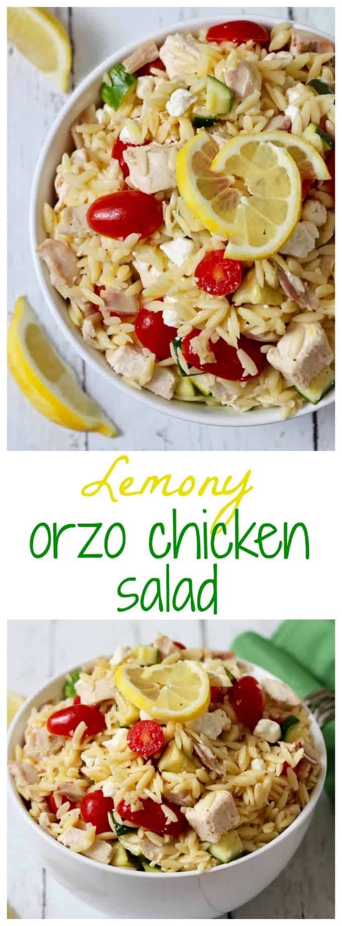 Lemony orzo chicken salad with tomatoes, zucchini and goat cheese - a 15-minute dinner! | FamilyFoodontheTable.com