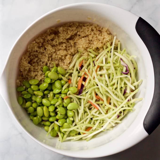 Quinoa salad with edamame and broccoli slaw | FamilyFoodontheTable.com