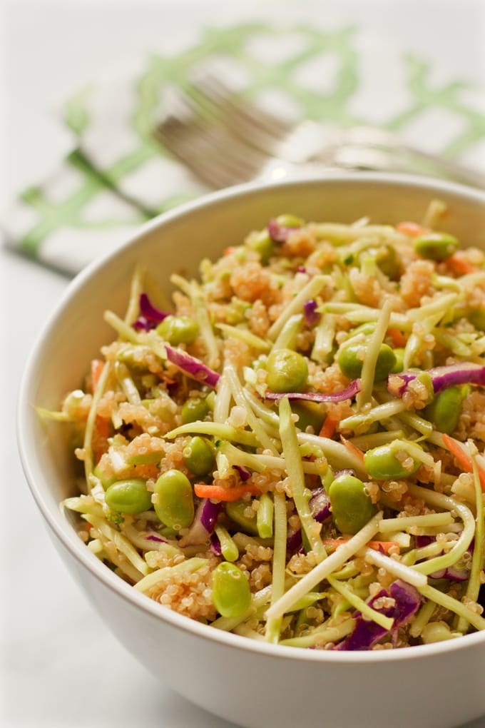 Quinoa salad with edamame, broccoli slaw and a citrus-soy vinaigrette | FamilyFoodontheTable.com
