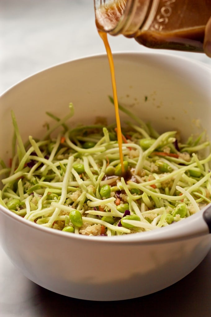 Quinoa salad with edamame, broccoli slaw and a citrus-soy vinaigrette | FamilyFoodontheTable.com