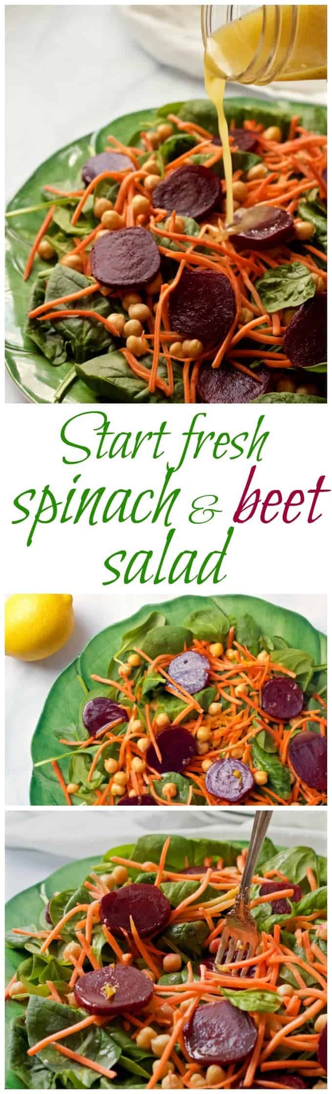 Start fresh spinach & roasted beet salad with carrots and chick peas - an easy, healthy salad with a tart-sweet lemon-maple vinaigrette | FamilyFoodontheTable.com