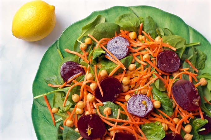 Start fresh spinach & beet salad with carrots and chick peas - a great detox salad with a tart-sweet lemon-maple vinaigrette | FamilyFoodontheTable.com