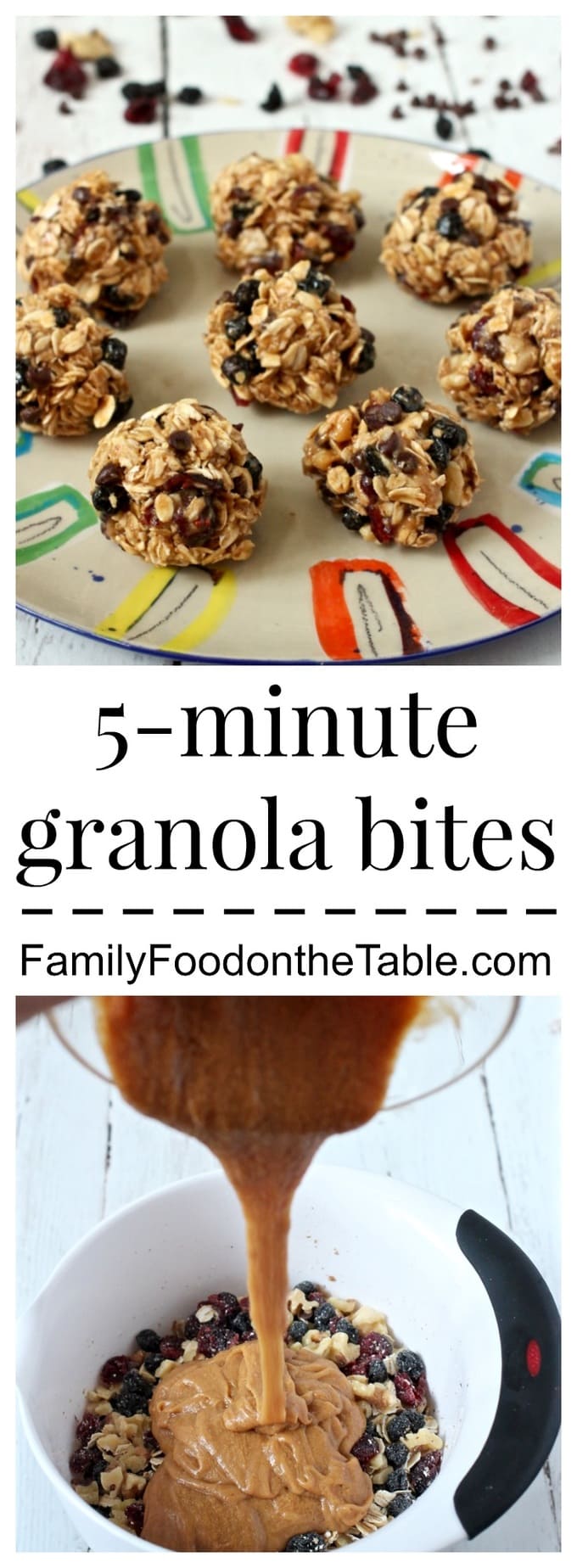 A wholesome snack of oats, nuts, dried fruit and chocolate chips that comes together in just 5 minutes! | FamilyFoodontheTable.com