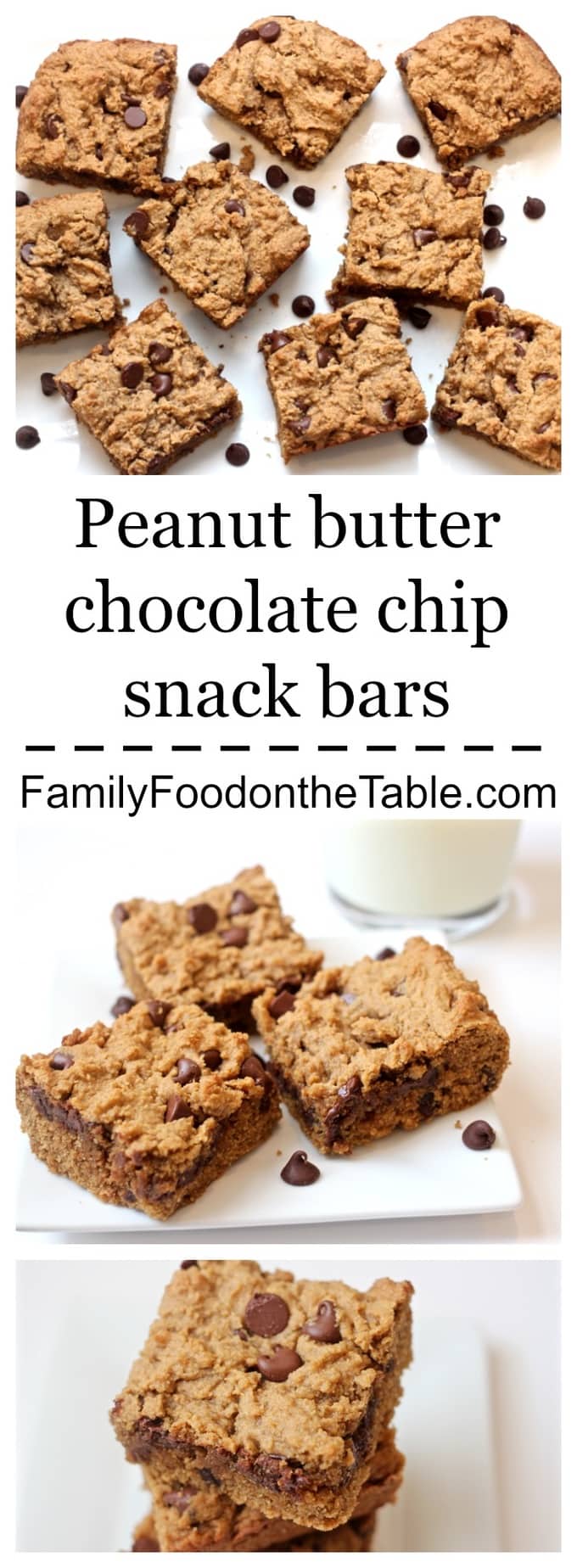 Peanut butter chocolate chips snack bars are whole grain, healthyish and so delicious. They taste like a giant, thick cookie! | FamilyFoodontheTable.com